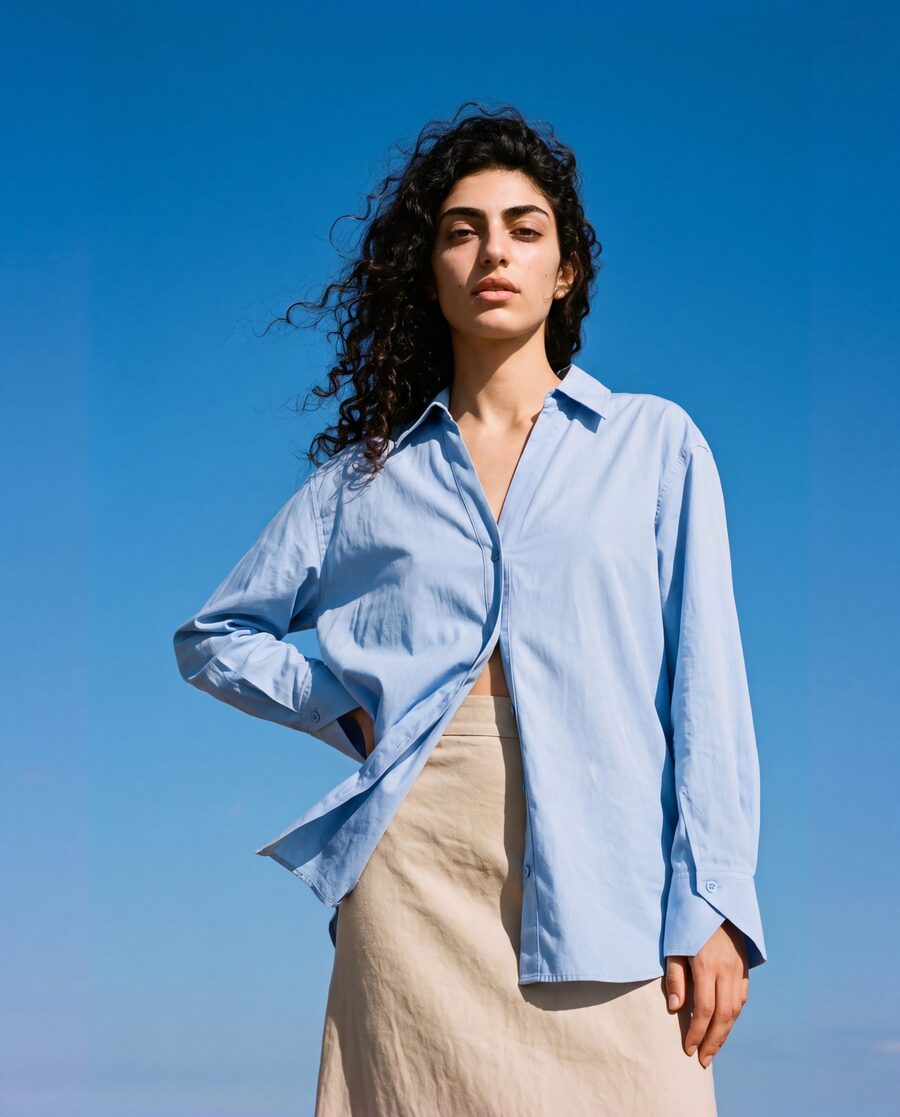 Campaign image of the model in the blue shirt and a beige skirt against a deep blue sky
