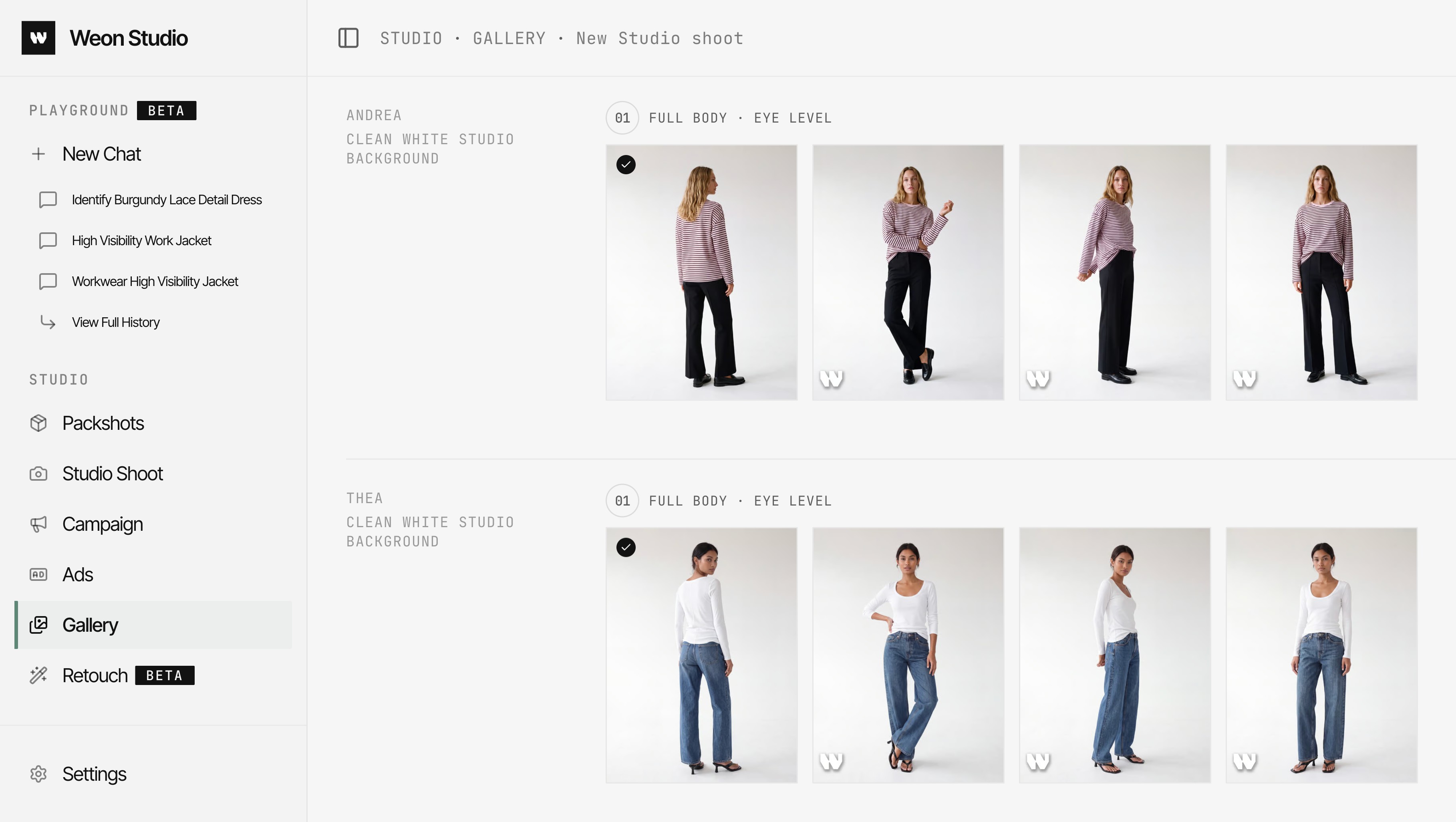 Weon Studio gallery showing two garments, each shot on a model in four poses against a clean white studio background