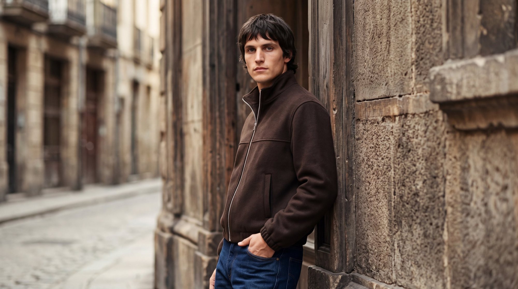 AI-generated campaign image of a man in a brown zip-up jacket and dark jeans leaning against a stone wall on a cobbled street