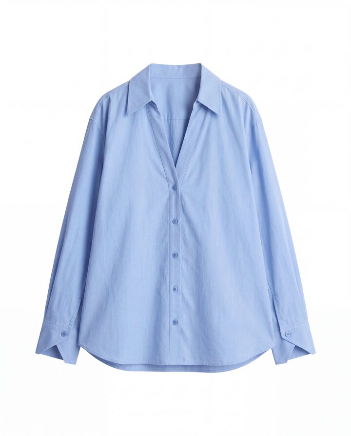 Packshot of a light blue cotton shirt with a V-neck collar