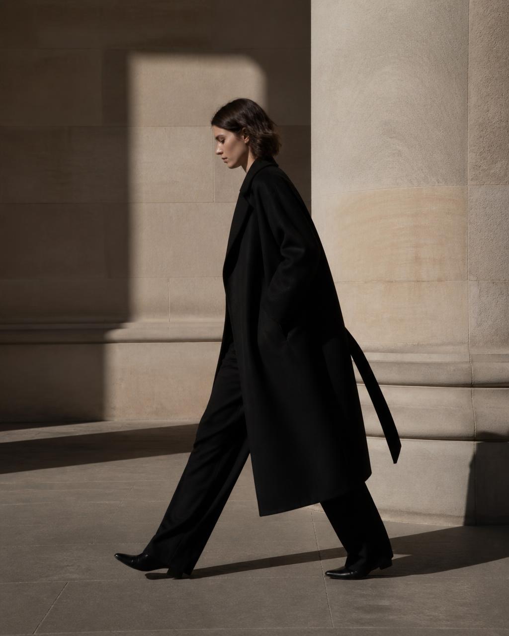 Model walking in an oversized black coat through a pale stone colonnade
