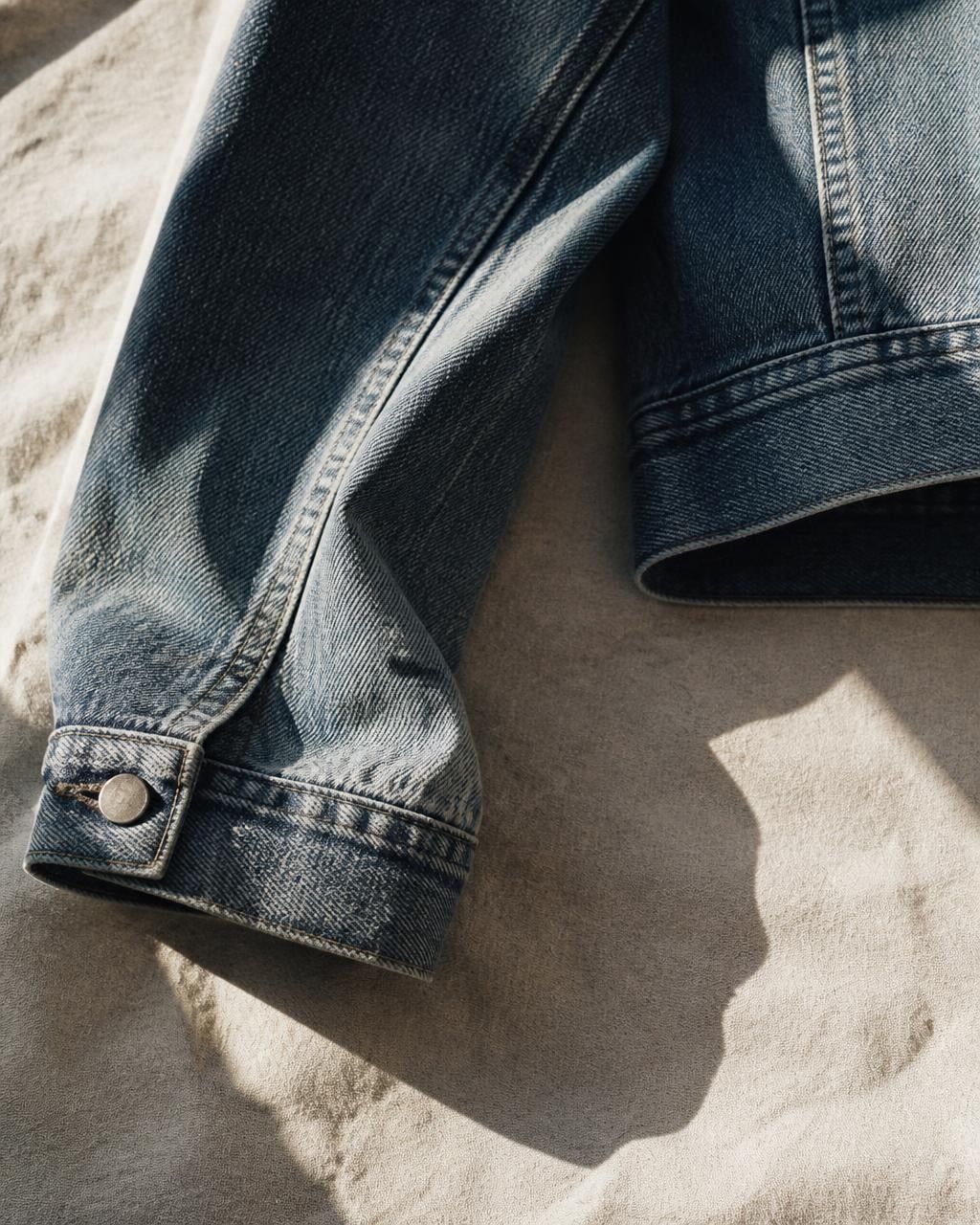 Hand and cuff of a faded denim jacket in hard sun