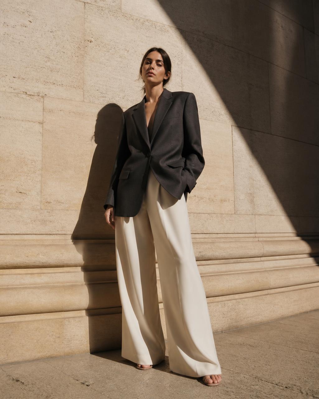 Model in a charcoal blazer and wide cream trousers against a limestone wall