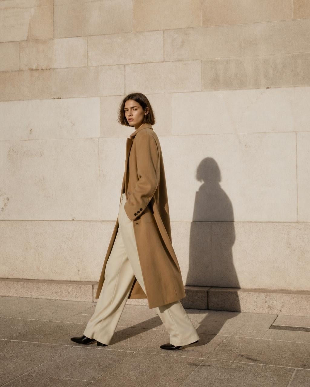 Camel coat mid-stride against pale stone