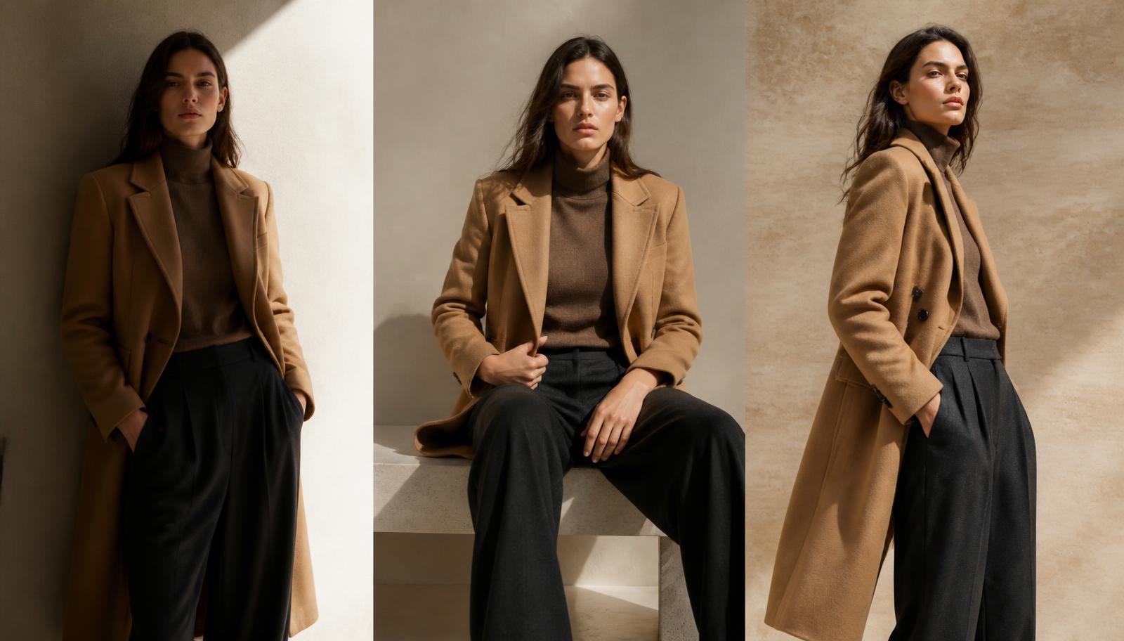Three matched on-model fashion images of the same camel coat in different poses