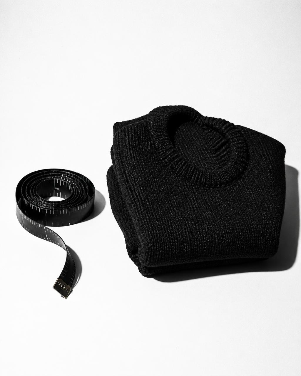 Black measuring tape beside a folded black knit under hard flash