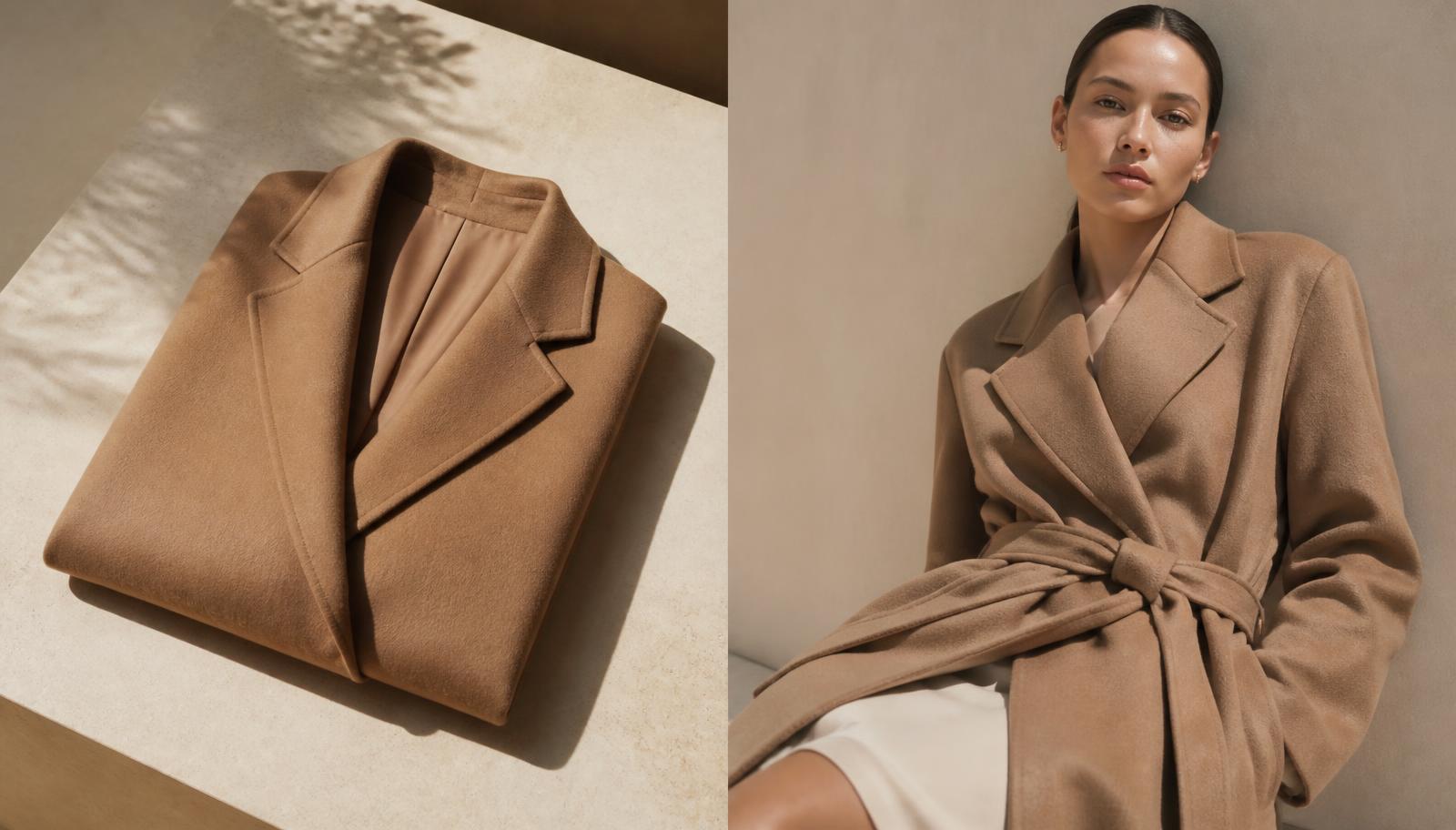 A folded camel coat beside the same coat worn by a model